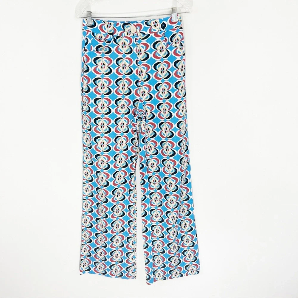 Zara Geometric Print Linen Blend Trouser Pants Wide Leg Size Small